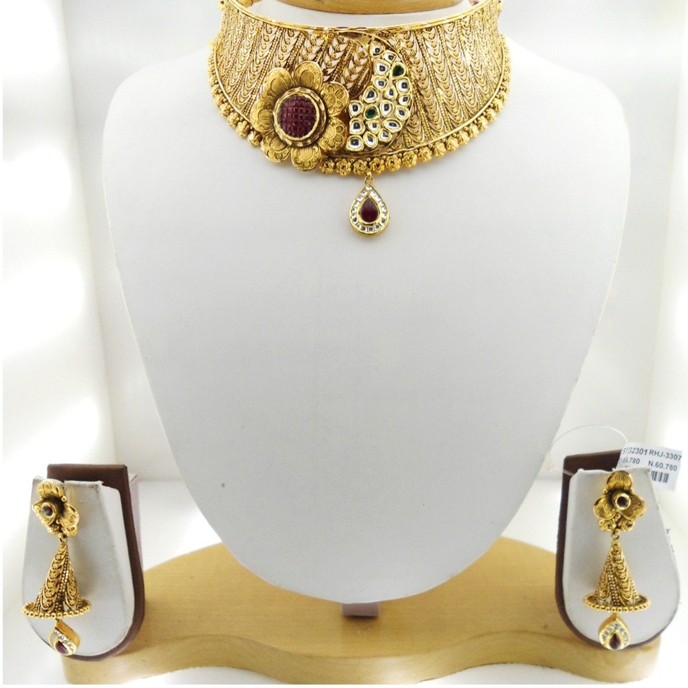 22KT Gold Antique Bridal Necklace Set RHJ-3307