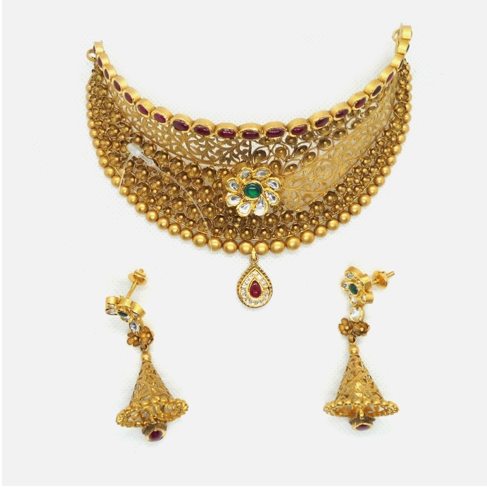 22KT Gold Antique Bridal Choker Necklace Set RHJ - 4969