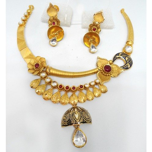 22KT Gold Antique Floral Design Necklace Set For Wedding RHJ-5170